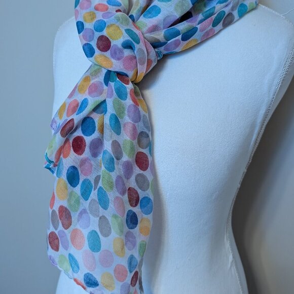 VINTAGE 1990s Style Dots rainbow polka dot on white semi sheer scarf EUC - Picture 3 of 6